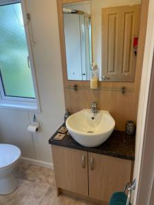 a bathroom with a sink and a toilet at Immaculate 3-Bed Lodge in Otley in Otley
