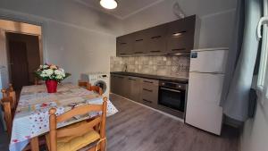 eine Küche mit einem Tisch und einem weißen Kühlschrank in der Unterkunft Irida Apartments in Nea Skioni