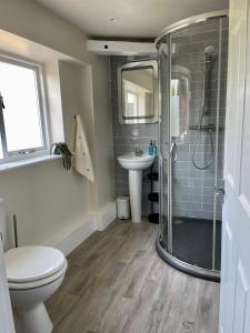 a bathroom with a shower and a toilet and a sink at The Maltsters Country Inn in Badby