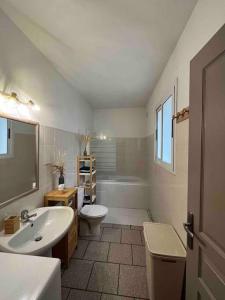 a bathroom with a sink and a toilet and a tub at Appartement rénové tout confort 10mn de Campomoro in Grossa
