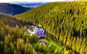 eine Luftansicht eines Hauses inmitten eines Waldes in der Unterkunft Jelenia Struga MEDICAL SPA in Kowary