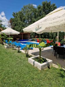 un groupe de tables et de parasols à côté d'une piscine dans l'établissement Villa Gabino, à Balatonberény