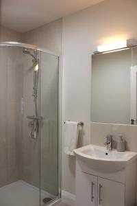 a bathroom with a glass shower and a sink at Bunratty west Townhouse in Bunratty