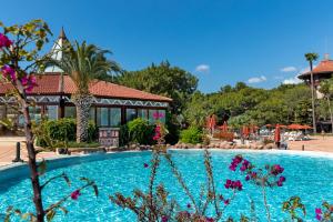 a pool at a resort with flowers in the foreground at Martı Myra - Ultra All Inclusive in Tekirova
