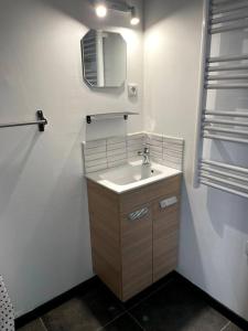 a white bathroom with a sink and a mirror at Studio indépendant in Andilly-les-Marais