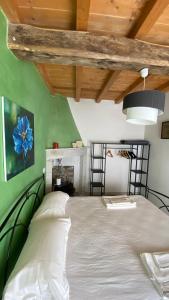 Bett in einem Zimmer mit grüner Wand in der Unterkunft B&B Gronda Via Vandelli in Massa