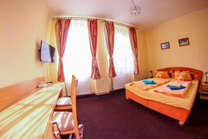 a bedroom with a bed and a window and a television at Alexandra in Svoboda nad Úpou