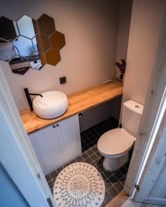 La salle de bains est pourvue de toilettes et d'un lavabo. dans l'établissement Cozy apartment in the city center of Kärdla, à Kärdla