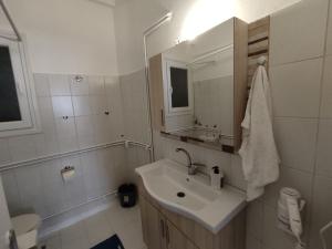 uma casa de banho branca com um lavatório e um chuveiro em Cozy flat em Atenas
