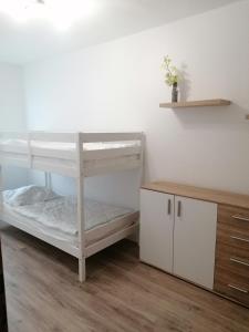 a bedroom with two bunk beds and a wooden cabinet at Ferienwohnung August 24 in Gelenau