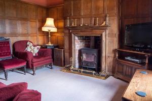 a living room with a fireplace and a tv at Bach y Graig cottage in St Asaph