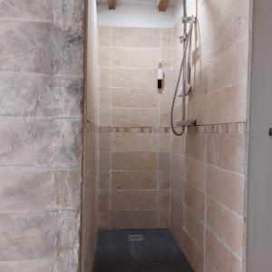 La salle de bains est pourvue d'une douche et d'un mur en pierre. dans l'établissement Manoir Les Cèdres, à Corbehem