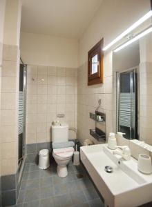 y baño con aseo y lavamanos. en Elpida Apartments, en Votsi