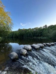 eine Reihe von Felsen in einem Fluss mit Bäumen in der Unterkunft L'escapade, Gîte calme au cœur de Clisson et proche de la Sèvre in Clisson