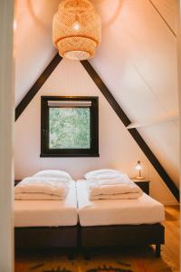 two beds in a room with a window at Boshuisje Rekem - Topo in Lanaken