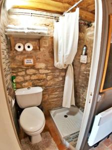 un piccolo bagno con un water e un lavandino di La Pinay - Une petite maison cosy avec spa & cheminée a Lacave