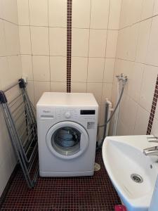 - un lave-linge dans une salle de bains à côté d'un lavabo dans l'établissement Hilda Villa, à Viljandi