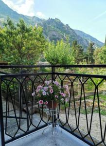 un vaso di fiori su un balcone con montagne sullo sfondo di Apartment Marina 2 a Kotor (Cattaro)