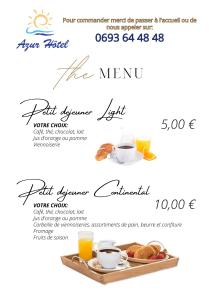 a flyer for a cafe with a tray of coffee and croissants at AZUR HOTEL in Saint-Denis