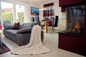 a living room with a couch and a fireplace at Ferien_HAUS FOHLENWEIDE in Göhren-Lebbin