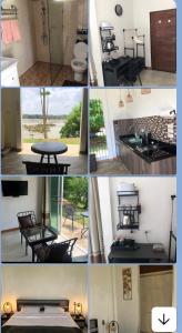een collage van foto's van een keuken en een badkamer bij Chiang Khan Riverside Bungalows in Chiang Khan