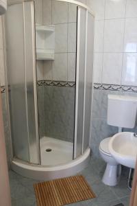 La salle de bains est pourvue d'une douche, de toilettes et d'un lavabo. dans l'établissement Apartment Anna, à Novi Vinodolski