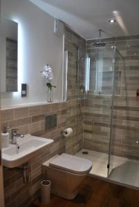a bathroom with a toilet and a sink and a shower at Coastal Rest- superb East Neuk townhouse in Anstruther