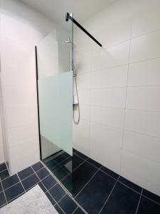 uma cabina de duche com uma porta de vidro na casa de banho em Sehr schönes Haus mit Terasse nähe Düsseldorf em Krefeld