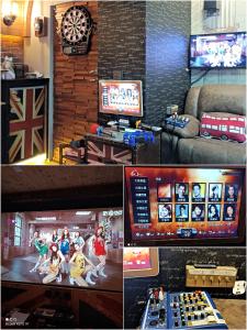 a collage of pictures of a room with a video game at 【遇見婚紗秘境】夜市4人包館、百萬影院KTV、Xbox、按摩浴缸/椅、真空管、好友同樂會 in Luodong