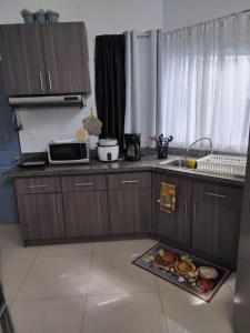 a kitchen with a sink and a counter with food on the floor at Fruta mango 1 in Orotina