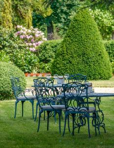 eine Gruppe von Stühlen um einen Tisch im Gras in der Unterkunft Chateau De Rochecotte in Saint-Patrice