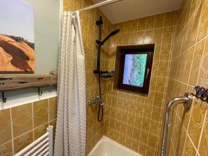 a bathroom with a shower with a shower curtain at Ferienhaus Jenny in Flensburg +36 photos
