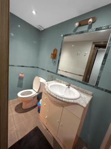 un bagno con un water, un lavandino e uno specchio di PUERTA DEL SOL Carretas APARTAMENTS & Rooms a Madrid
