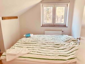 un grande letto in una stanza con finestra di Bjurviks Villa - Flat 3 a Flen