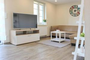 uma sala de estar com uma grande televisão de ecrã plano em Quartier Spreestraße Apartment 3 em Burg