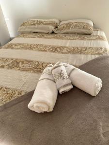 林多亞的住宿－Pousada Recanto dos Pássaros，卧室内的2张床和毛巾