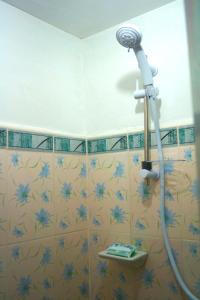 een douche in een badkamer met blauwe bloemen aan de muur bij Madie's Place Bed & Breakfast in Santa Rosa, Laguna near Enchanted Kingdom in Santa Rosa