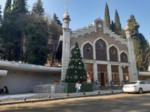 un arbre de Noël devant un bâtiment dans l'établissement Premium Apartment Tamarioni, à Tbilissi