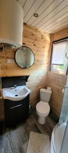 a wooden bathroom with a toilet and a sink at Domki Przy Lesie in Stegna
