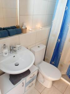 La salle de bains est pourvue d'un lavabo blanc et de toilettes. dans l'établissement HangVilla Badacsony, à Bytom