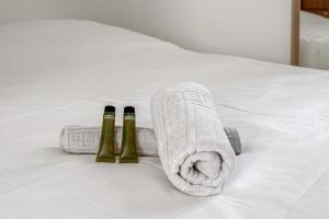 een handdoek en drie flessen op een bed bij Nice flat in the 11th district of Paris - Welkeys in Parijs