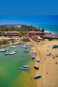 un grupo de barcos en el agua en una playa en Villa Piscine Cadre de Rêve Lagune de SOMONE, en Somone