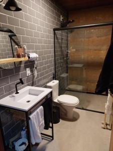 a bathroom with a toilet and a sink and a shower at Casa da Serra in Cavalcante