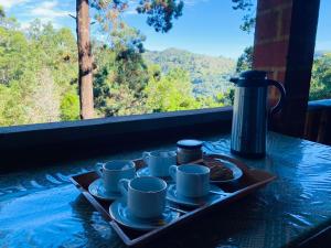 a tray with cups and saucers on a table with a window at NETHSARA cottage in Ella