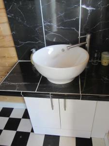 a bathroom with a white bowl sink on a black counter at Woolcombe Cabin in East Allington