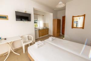 een kamer met 2 bedden, een bureau en een televisie bij Skioni Studios in Nea Skioni