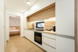 a kitchen with a sink and a stove top oven at Apartments Gros in Radeče