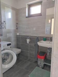 a bathroom with a washing machine and a sink at Mezadler in Košice +17 photos