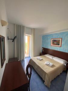 a bedroom with a bed and a table in it at Hotel America in Marina di Camerota