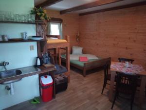 ein kleines Zimmer mit einem Etagenbett und einem Tisch in der Unterkunft Chatky u Hromádky in Karlovice